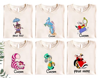 Camiseta Disney Alice no País das Maravilhas, Camiseta Princesa Alice, Camiseta Férias em Família Disney 2026, Camiseta Coelho Branco Rainha de Copas Gato de Cheshire