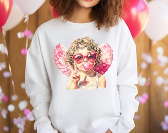Valentine Cupid Shirt, Angel Blowing Bubble Gum Shirt, Peace Sign Bubblegum Shirt, Cute Cupid with Sunglasses Shirt, Cute Pink Heart Shirt
