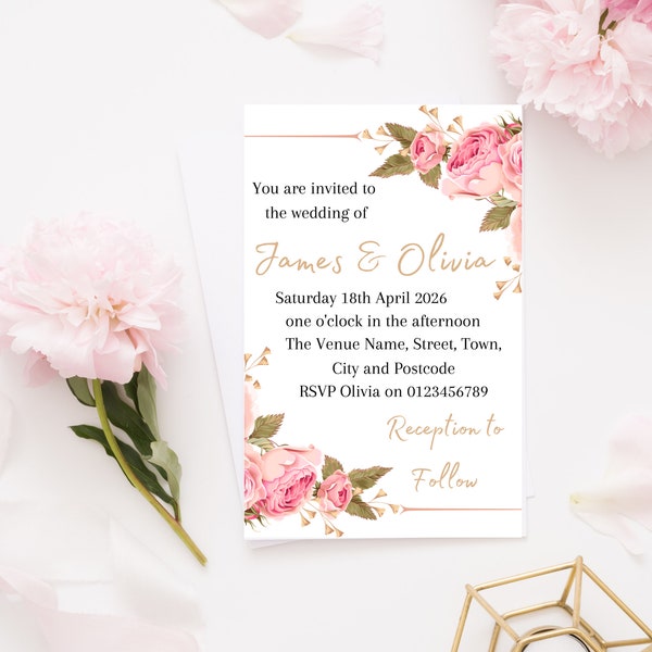 Printed Pink Flower Wedding Invitations, Evening Invitations, Reception Invitations, Night wedding Invite