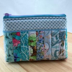 May include: A rectangular, quilted fabric pouch with a light blue zip. The pouch is made of various patterned fabrics in shades of blue, teal, and floral prints. The top section features a blue and white chequered pattern.