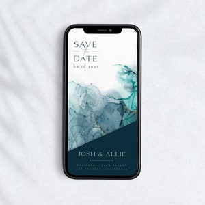 Art Save the Date TEXT Invitation, Electronic Save the Date Blue Gold Watercolor, Wedding Save the Date Invite Ink, Save the Date Electronic