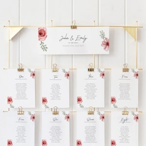 Modern Wedding Seating Chart Card Template, Pink Flower Seating Chart Cards Wedding Instant, Minimal Wedding Seating Chart Cards