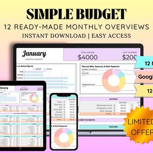 May include: A digital illustration of a laptop, tablet, and smartphone displaying a budget spreadsheet template. The template is titled "January - Monthly Budget" and includes sections for income, expenses, and savings. The image also includes text that reads "12 Ready-Made Monthly Overviews", "Instant Download | Easy Access", "12 Months", "Google Sheets", "12+2 Tabs", and "Limited Offer".