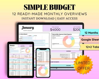Monthly Budget Planner Google Sheets | Easy Budget Spreadsheet | Financial Planner Template | Easy Budget Spreadsheet | Monthly Budget Sheet