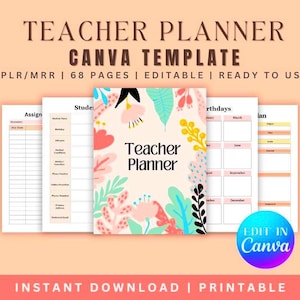 Op de afbeelding: Een Canva-sjabloon voor een lerarenplanner met een bloemmotief. De planner bevat pagina's voor opdrachten, studenteninformatie en maandelijkse planning. De tekst "Edit in Canva" en "Instant Download | Printable" is ook opgenomen.