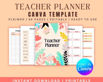 Lehrerplaner, PLR, 68+ Seite bearbeitbare Canva-Vorlage, Bildung PLR, Done for You, Schulplaner, Lehrerjournal, Canva Lehrerplaner