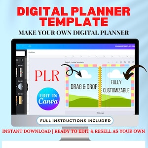 Puede incluir: Una pantalla de ordenador que muestra una plantilla de planificador digital con el texto "PLR" y "Edit in Canva". La plantilla es personalizable y cuenta con una interfaz de arrastrar y soltar. El texto "Totalmente personalizable" y "Arrastrar y soltar" es visible en la pantalla.