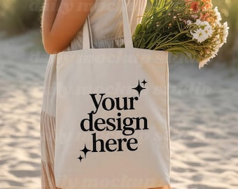 Mockup canvas draagtas met model | Gestileerde draagtas foto | Digitale JPEG-afbeelding voor productweergave