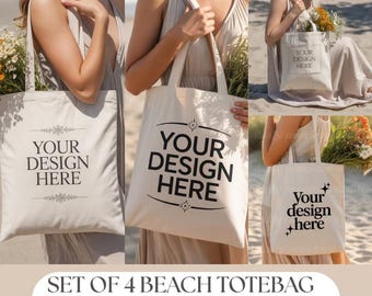Bundel strand natuurlijke canvas draagtas mockup met model | Gestileerde draagtas foto | Digitale JPEG-afbeelding voor productweergave