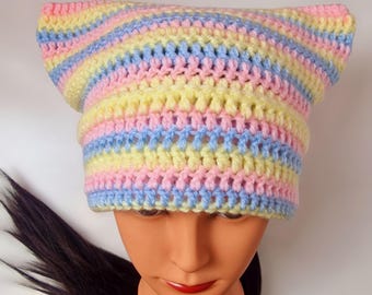 手作りかぎ針編みの猫耳ビーニー：青、白、オレンジのニット帽 - Etsy 日本