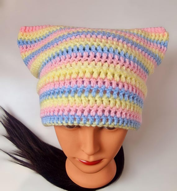 Handmade Crochet Cat Ear Beanie, Striped Acrylic Kitty Hat Handmade Crochet Cat Ear Beanie - Adult Size - Trendy  main image 2