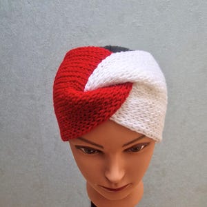 Handmade Knitted Ear Warmer: Red and White Twisted Headband