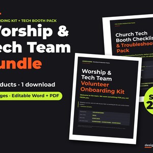 Könnte beinhalten: Ein digitales Paket mit einem Onboarding-Kit für Worship- und Technik-Teams sowie einer Checkliste und Fehlerbehebung für Technik-Stände. Die Dokumente sind schwarz mit weißem und orangefarbenem Text und umfassen 74 Seiten als Word und PDF.