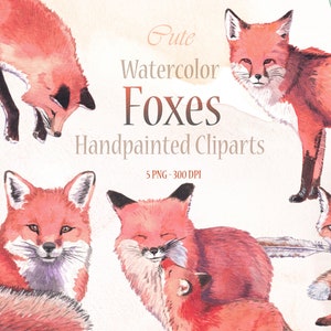 5 Clipart Renard Aquarelle – Illustration Numérique PNG – Dessin Animal Mignon à Télécharger – Art Digital pour Scrapbooking, Papeterie, DIY