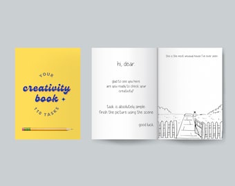 Printable creativity book, Creative activities.  Drawing book, design, improve your creativity notebook. 110 creative tasks