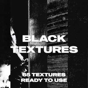 Könnte beinhalten: Ein digitales Grafikdesign mit 65 schwarzen Texturen. Der Text "BLACK TEXTURES" ist in fetten weißen Buchstaben dargestellt, darunter "65 TEXTURES READY TO USE". Der Hintergrund ist eine Collage aus verschiedenen schwarzen Texturen.