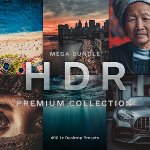 May include: A collage of images showcasing a collection of 400 Lightroom desktop presets for creating HDR effects. The images include a beach scene, a cityscape, a portrait of a woman, and a car.