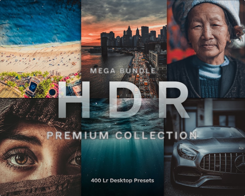 May include: A collage of images showcasing a collection of 400 Lightroom desktop presets for creating HDR effects. The images include a beach scene, a cityscape, a portrait of a woman, and a car.
