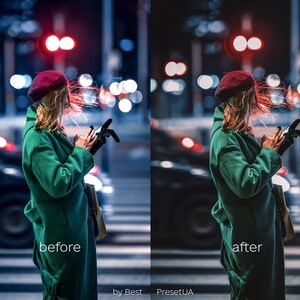 Puede incluir: Una mujer con un abrigo verde y un gorro rojo camina por una calle de la ciudad por la noche. Est&aacute; mirando su tel&eacute;fono y su cabello se mueve con el viento. La calle est&aacute; iluminada por farolas y faros de coches.