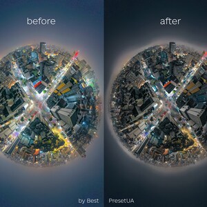 Puede incluir: Una imagen de antes y despu&eacute;s que muestra una ciudad de noche con un efecto de lente de ojo de pez. La imagen de la izquierda es m&aacute;s oscura y la imagen de la derecha es m&aacute;s brillante. El texto "antes" est&aacute; encima de la imagen de la izquierda y el texto "despu&eacute;s" est&aacute; encima de la imagen de la derecha. El texto "by Best PresetUA" est&aacute; debajo de las im&aacute;genes.