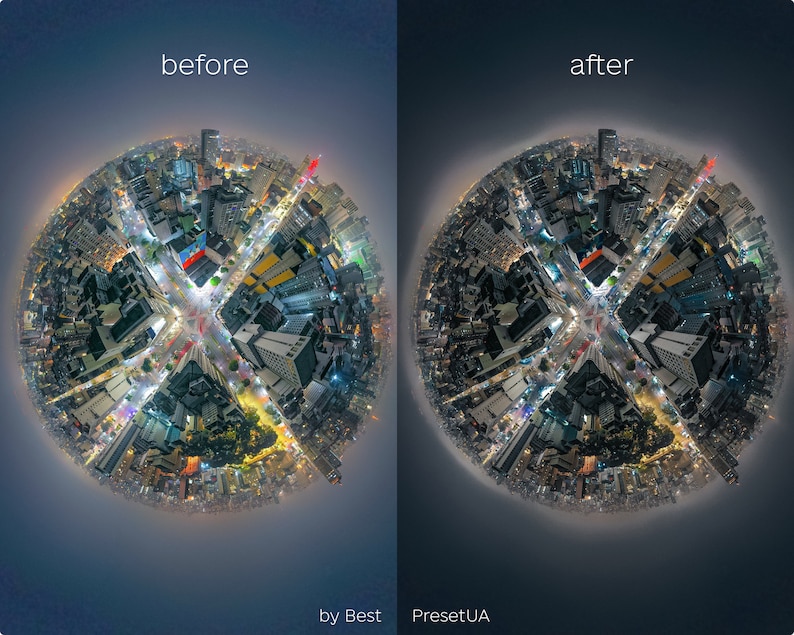 Puede incluir: Una imagen de antes y despu&eacute;s que muestra una ciudad de noche con un efecto de lente de ojo de pez. La imagen de la izquierda es m&aacute;s oscura y la imagen de la derecha es m&aacute;s brillante. El texto "antes" est&aacute; encima de la imagen de la izquierda y el texto "despu&eacute;s" est&aacute; encima de la imagen de la derecha. El texto "by Best PresetUA" est&aacute; debajo de las im&aacute;genes.