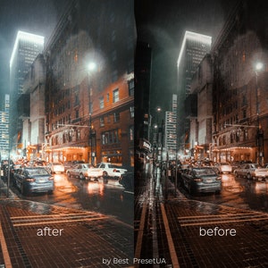 Puede incluir: Una escena nocturna de una calle de la ciudad con edificios altos y coches conduciendo por una calle mojada. La calle est&aacute; iluminada por farolas y los edificios est&aacute;n iluminados por luces brillantes. La imagen es una comparaci&oacute;n antes y despu&eacute;s de la misma escena, con el lado izquierdo mostrando la imagen despu&eacute;s de la edici&oacute;n y el lado derecho mostrando la imagen antes de la edici&oacute;n.