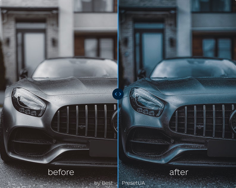 May include: A close-up of a gray car with a black grille and headlights. The car is wet from rain and the background is blurred.