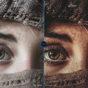 May include: Close-up of a person's face with brown eyes and a knitted scarf covering their mouth. The image shows a before and after comparison of a photo editing effect. The text "before" and "after" is visible above the image. The text "by Best Preset UA" is visible below the image.