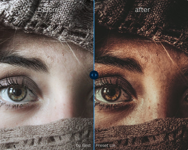May include: Close-up of a person's face with brown eyes and a knitted scarf covering their mouth. The image shows a before and after comparison of a photo editing effect. The text "before" and "after" is visible above the image. The text "by Best Preset UA" is visible below the image.