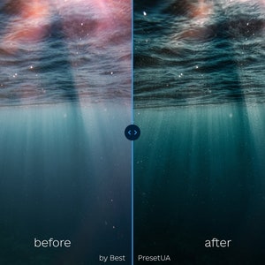 May include: A side-by-side comparison of an image before and after editing. The before image shows a bright blue ocean with sunlight shining through the water. The after image shows a darker blue ocean with more subtle sunlight.