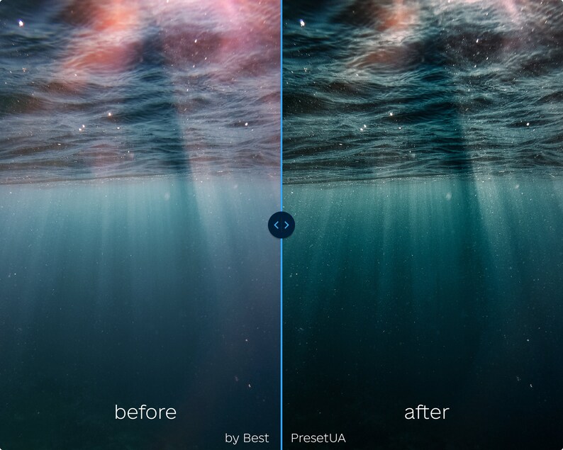 May include: A side-by-side comparison of an image before and after editing. The before image shows a bright blue ocean with sunlight shining through the water. The after image shows a darker blue ocean with more subtle sunlight.