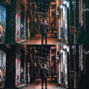 Puede incluir: Una persona camina por un callej&oacute;n oscuro con luces de cadena por encima. Las paredes est&aacute;n cubiertas de grafitis. La imagen se divide en dos secciones, mostrando el callej&oacute;n antes y despu&eacute;s de una edici&oacute;n de foto. El texto "antes" y "despu&eacute;s" se muestra en la esquina superior derecha de cada secci&oacute;n.