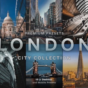 Könnte beinhalten: Eine Sammlung von 15 Lightroom-Presets für Desktop und mobile Geräte, mit Bildern von ikonischen Londoner Sehenswürdigkeiten wie Big Ben, dem London Eye und der St. Paul's Cathedral. Die Presets wurden entwickelt, um die Farben und Töne Ihrer Fotos zu verbessern und ihnen ein professionelles und elegantes Aussehen zu verleihen.  "PREMIUM PRESETS" und "LONDON CITY COLLECTION" sind in weißer Schrift auf schwarzem Hintergrund geschrieben.