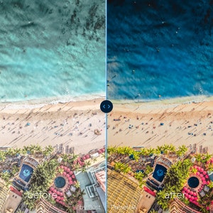 May include: Before and after image showing the effect of a photo filter on a beach scene. The before image shows a beach with turquoise water and a sandy shore. The after image shows the same beach with a more vibrant blue water and a brighter sandy shore.