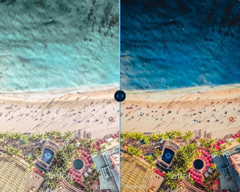 May include: Before and after image showing the effect of a photo filter on a beach scene. The before image shows a beach with turquoise water and a sandy shore. The after image shows the same beach with a more vibrant blue water and a brighter sandy shore.