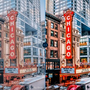 May include: A before and after image showing the difference in color and contrast of a city scene. The image on the left is a bit dull and washed out, while the image on the right is more vibrant and colorful. The scene features a red sign with the word "CHICAGO" in large white letters, and a building with a glass facade.