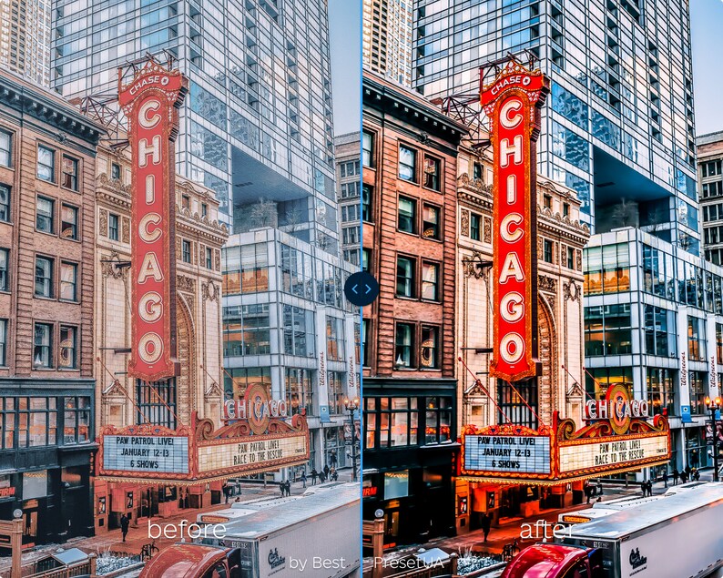 May include: A before and after image showing the difference in color and contrast of a city scene. The image on the left is a bit dull and washed out, while the image on the right is more vibrant and colorful. The scene features a red sign with the word "CHICAGO" in large white letters, and a building with a glass facade.