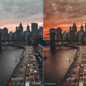 May include: A before and after image showing a city skyline at sunset with a bridge and highway in the foreground. The before image is a standard photo, while the after image has been edited with a warm, orange filter.
