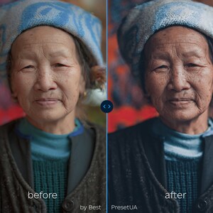 May include: A side-by-side comparison of a woman's portrait before and after applying a photo filter. The image on the left shows the original photo, while the image on the right shows the photo after applying a filter. The filter has brightened the image and softened the woman's features.