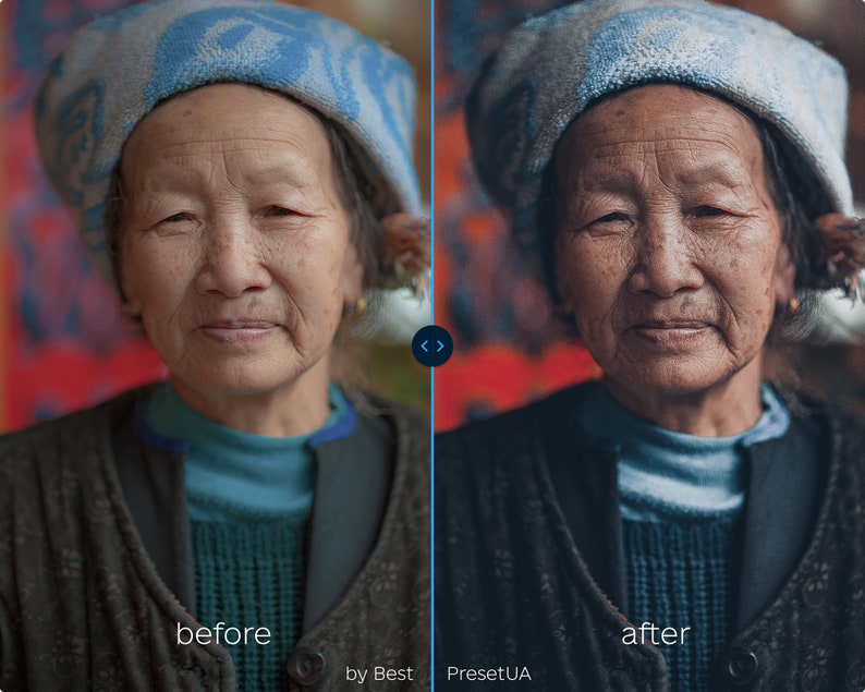 May include: A side-by-side comparison of a woman's portrait before and after applying a photo filter. The image on the left shows the original photo, while the image on the right shows the photo after applying a filter. The filter has brightened the image and softened the woman's features.