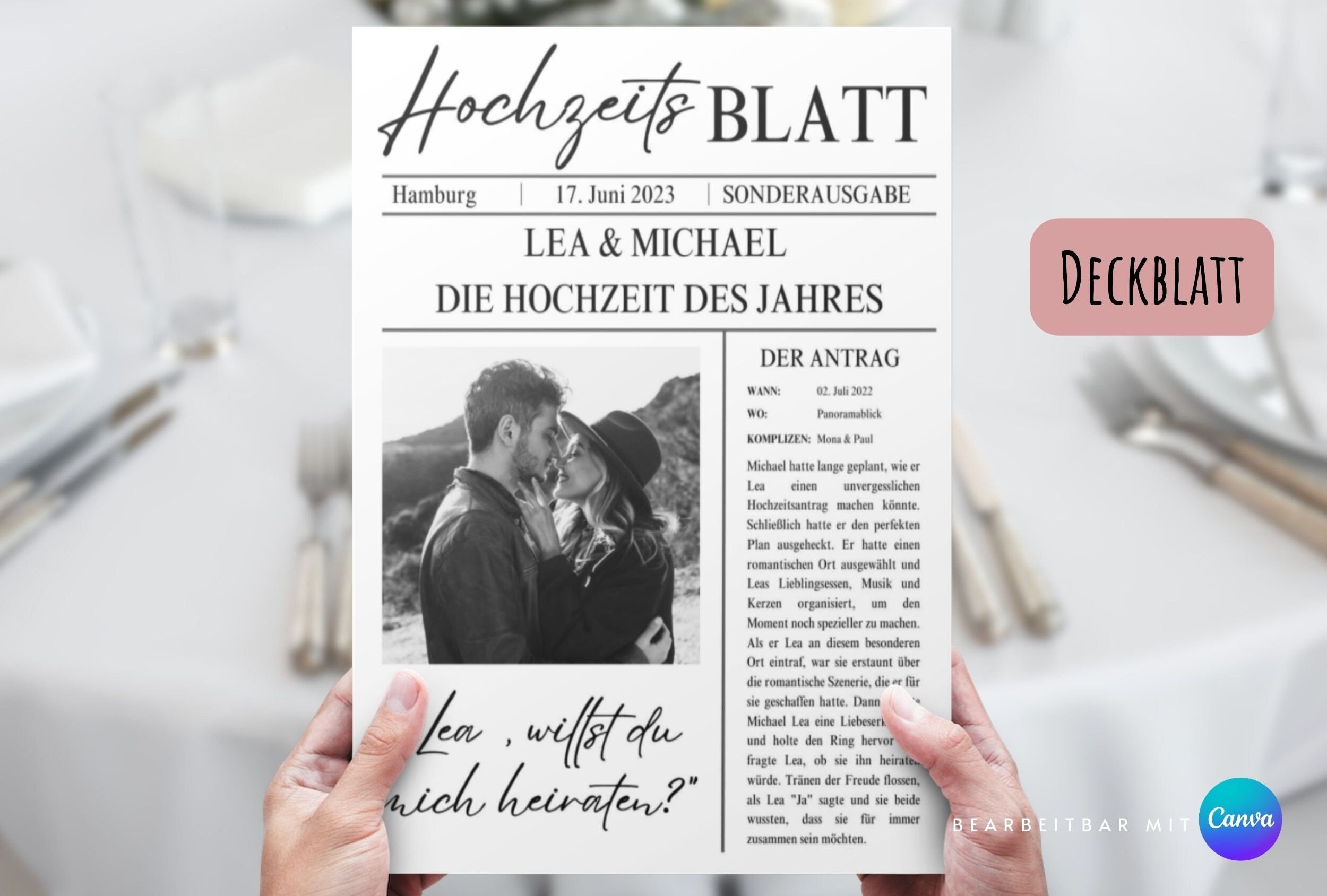 Die Hochzeitszeitung Soll Drei Ziele Erfüllen Hochzeitszeitung, editierbare Vorlage, Canva Template, personalisierte