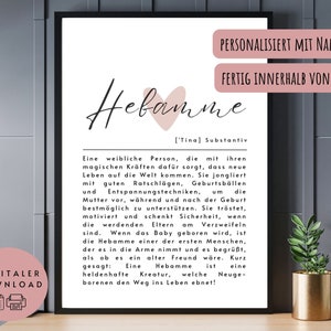 Poster Definition Hebamme zum Ausdrucken - Geschenk Hebamme, Dankeschön Hebamme, zum Berufsstart, deutsch