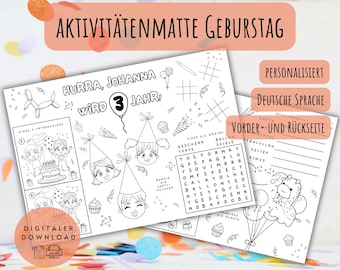 Geburtstags-Aktivitätenmatte für Kinder, Kindergeburtstag, Rätsel, Beschäftigung Kindertisch, deutsch, personalisiert, digitaler Download