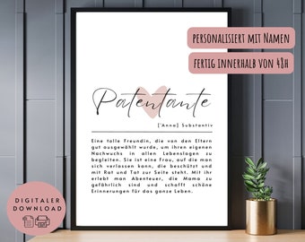 Poster Definition "Patentante" zum Ausdrucken - Geschenk Patentante, Taufe, Taufpate, personalisiert, deutsch