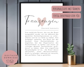 Poster Definition "Trauzeugin" zum Ausdrucken - Geschenk Trauzeugin, willst du meine Trauzeugin sein, Danke, personalisiert, deutsch