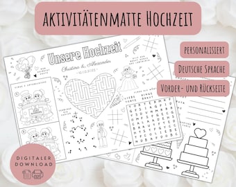 Hochzeits-Aktivitätenmatte für Kinder, Rätsel für Hochzeitsgäste, Beschäftigung am Kindertisch, deutsch, personalisiert, digitaler Download