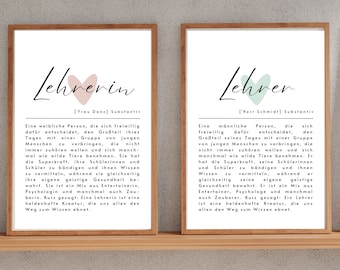 Poster Definition Lehrer/Lehrerin zum Ausdrucken - Geschenk Lehrer, Geschenk Lehrerin, zum Berufsstart, Abschied aus der Schule, deutsch