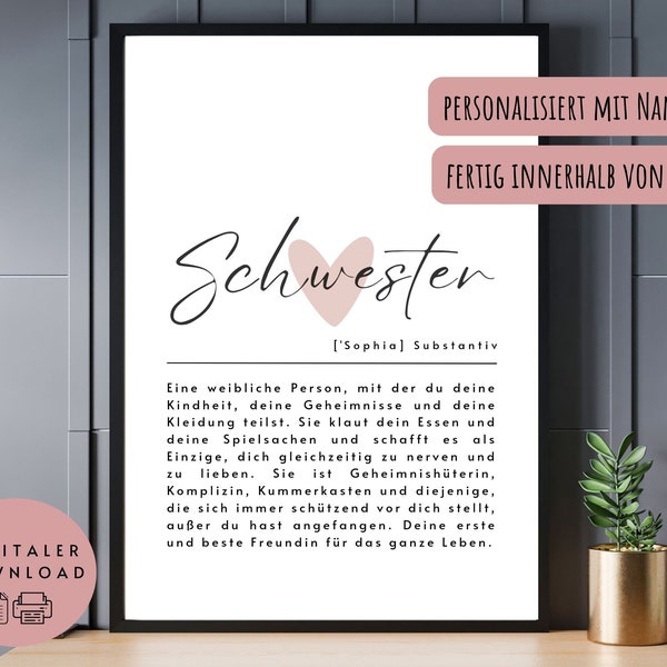 Poster Definition "Schwester" zum Ausdrucken - Geschenk Schwester, Geschenk Familie, Familienposter, Deko Kinderzimmer, deutsch