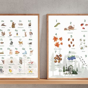ABC Poster, Zahlen Poster, 2er Set, Tieralphabet, Waldalphabet, Wald ABC, Waldtiere, deutsch, zum Ausdrucken
