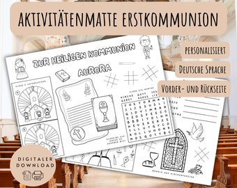 Erstkommunion-Aktivitätenmatte Kinder, Rätsel zur heiligen Kommunion, Beschäftigung Kindertisch, deutsch, personalisiert, digitaler Download